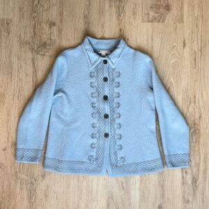 Pendleton Petite Light Blue Knit Cardigan Sweater Floral Trim Size L